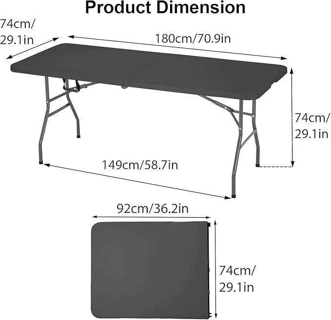 Folding Table 6FT Portable Plastic Camping Table Foldable Table Light Weight Plastic Dining Table Indoor Outdoor for Camping, Picnic BBQ Kitchen Wedding and Party,（Black） 71''L x 29 ''Wx 29''H