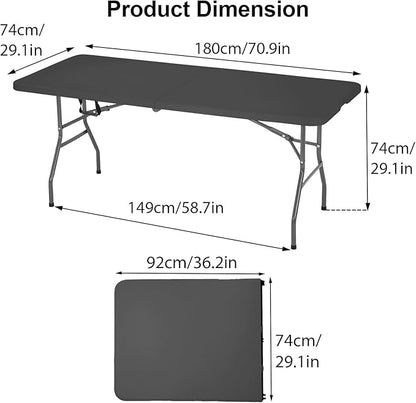 Folding Table 6FT Portable Plastic Camping Table Foldable Table Light Weight Plastic Dining Table Indoor Outdoor for Camping, Picnic BBQ Kitchen Wedding and Party,（Black） 71''L x 29 ''Wx 29''H