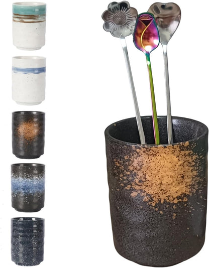 Stoneware Coffee Bar Utensil Holder Tea & Coffee Spoon & Stirrer Holder for Stir Stick Straw Teaspoon Holder Spoon Cup Small Utensil Jar (Fireworks)