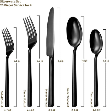 Alata Potter Black 20-Piece Forged Silverware Set with Utensil-Serving Set, Service for 4, Stainless Steel Flatware Set, Modern Design with Mirror Finish, Ideal for Home, Kitchen, Party, Camping