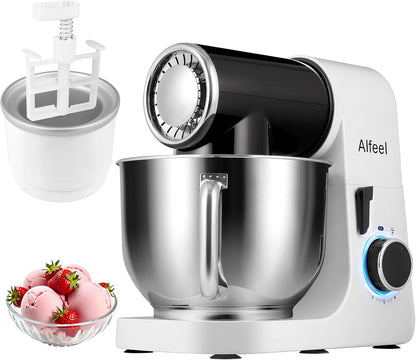 Aifeel Stand Mixer,6.5QT Kitchen Electric Mixer with 2QT Ice Cream Maker Bowl, 6 in 1 Multifunctional Bread Dough Mixer with Dough Hook,Whisk & Beater, Food Mixer for Baking (Black-White)