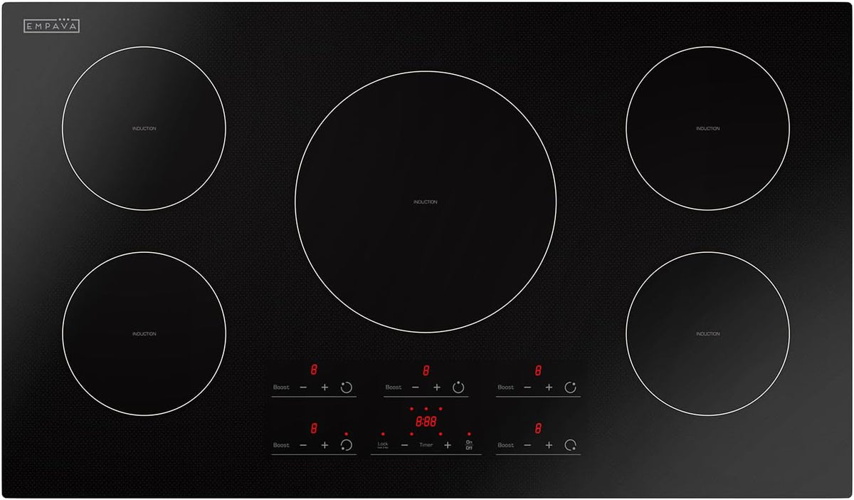 Empava 36 Inch Electric Induction Cooktop Built-in, 5 Zone Smooth Glass Surface, Touch Sensor Panel Power Boost, Timer Control, Child Lock Feature, Hardwired Kitchen Appliance