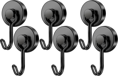 FINDMAG Black Magnetic Hooks, 60 LB+ Magnetic Hooks Heavy Duty 2025 Cruise Ship Essentials, Stong Neodymium Magnet Hooks for Refrigerator, Workplace, Curtain, Locker Accessories, Home - 6 Pack