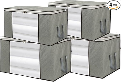 4 Pack Foldable Large Storage Bags 28 x 20 x 12 (L x W x H) inch for Comforter Quilt Blanket Clothes with Clear Window & Handles - Easy to Fit King Size Comforter Set - Closet Under Bed Organizer