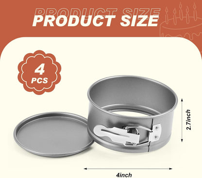 4 Pcs 4 Inch Non Stick Springform Pan with Removable Bottom Carbon Steel Round Springform Cheesecake Pan with Stainless Steel Spring Buckles for