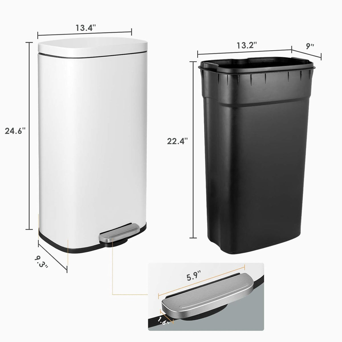 AthLike Trash Can, Stainless Steel Kitchen Garbage Can, Step Waste Bin with Hinged Lid and Removable Inner Bucket, Soft-Close, Dustbin for Bathroom Bedroom Living Room Home (White, 8 Gal)