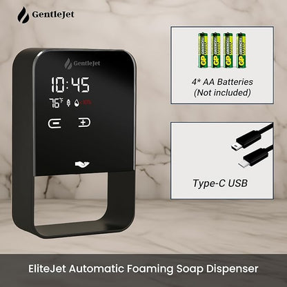 GentleJet EliteJet Automatic Foaming Soap Dispenser – Touchless Sensor, LED Display, 5 Foam Levels, Wall Mount or Countertop, Rechargable USB-C or Battery Powered, Aluminum Alloy, 480 ml Refillable