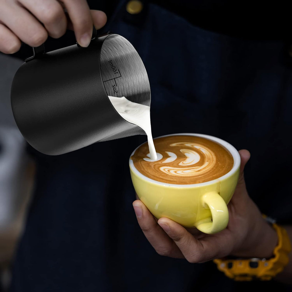 Hulisen 6.8oz/200ml Milk Pitcher, Stainless Steel Espresso Latte Steaming Frothing Pitcher, Coffee Milk Frother Maker, Pour Cup