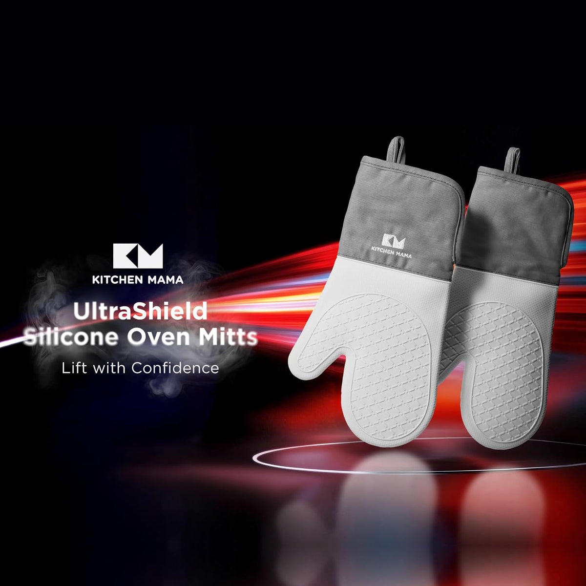 Kitchen Mama UltraShield Silicone Oven Mitts Heat Resistant – Non-Slip, Stain-Resistant, Silicone Cooking Mitts & Pot Holders for Baking, Grilling
