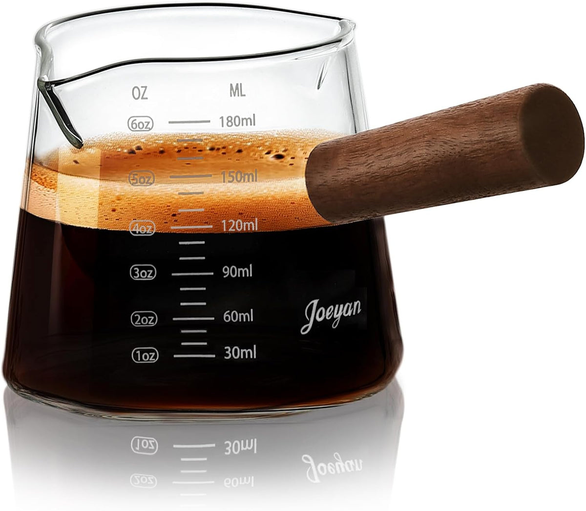 Joeyan 6 oz Glass Measuring Cup with Double Spouts,Borosilicate Espresso Shot Glasses with Wooden Handle