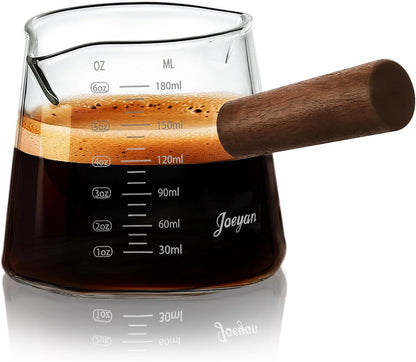 Joeyan 6 oz Glass Measuring Cup with Double Spouts,Borosilicate Espresso Shot Glasses with Wooden Handle