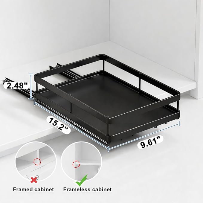 AOVA Pull Out Under Sink Organizer - Single Tier Heavy Duty Metal Sliding Cabinet Shelf, No-Drill Adhesive Under Kitchen Sink Storage, Carbon Steel Slide Out Drawer for Kitchen & Bathroom