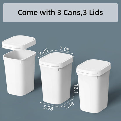 3 Pack Bathroom Small Trash Can with Lid, 2.6 Gallon Slim Garbage Bin with Pop-Up Lid, 10L Plastic Wastebasket for Bedroom, Office, Kitchen, Toilet (White)