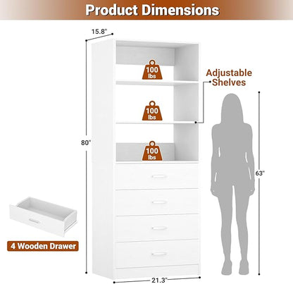 Aheaplus Closet Drawers Organizer System, 21.3" Wood Closet System with 4 Drawers, Modular Walk-in Closets Storage Unit, Tall Bookshelf Storage Cabinet, White22