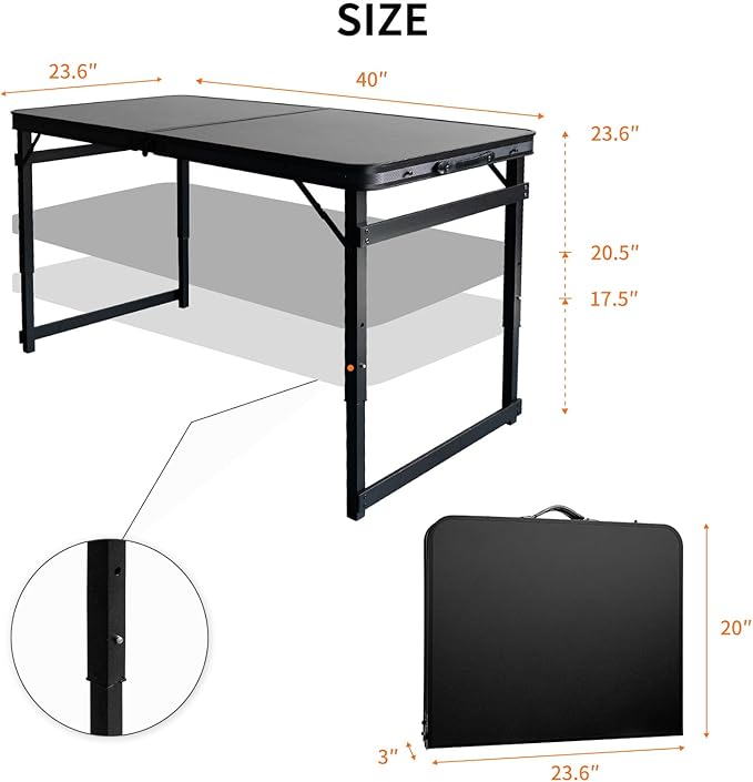 3.3FT x 2FT Folding Camping Table with Aluminum Alloy Legs, Adjustable Height Portable Outdoor Picnic Table for Camping, Travel, Parties, Kids Crafts, and Market Vendor Use