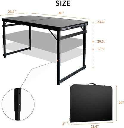 3.3FT x 2FT Folding Camping Table with Aluminum Alloy Legs, Adjustable Height Portable Outdoor Picnic Table for Camping, Travel, Parties, Kids Crafts, and Market Vendor Use
