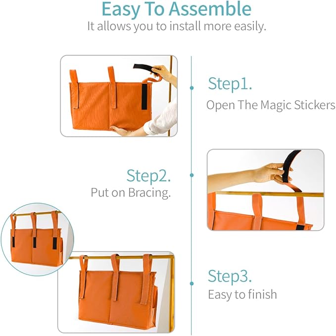 Bseash Bunk Bed Organizer, Bedside Caddy Hanging Bed Organizer Storage Bag 8 Pockets, for College Dorm Rooms Bed, Hospital Bed, Baby Bed Rails, 600D Oxford Cloth (Orange)