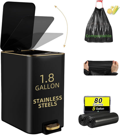 Small Bathroom Trash Can with Lid Soft Close, 1.8 Gallon Stainless Steel Garbage Can with Removable Inner Bucket,80Count Compostable Trash Bags, Slim Step Pedal Trash Bins