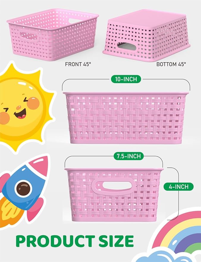 WYT 6-Pack Plastic Small Shelf Storage Weave Baskets Organizing for Cabinets and Pantries, Lavender Purple