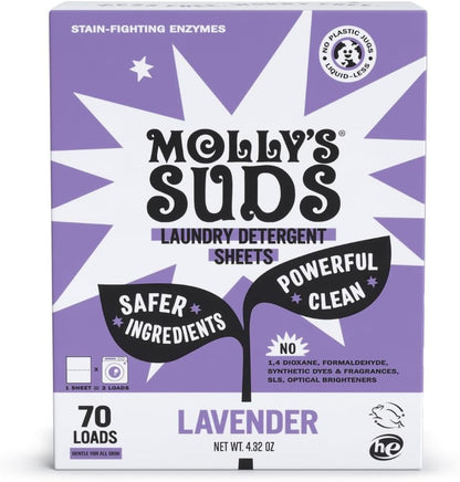 Molly’s Suds Laundry Detergent Sheets | Gentle on Sensitive Skin, Powerful Bio-Based Enzymes, Stain-Fighting | Liquidless & Plastic-Free Packaging | 70 Loads (Lavender)