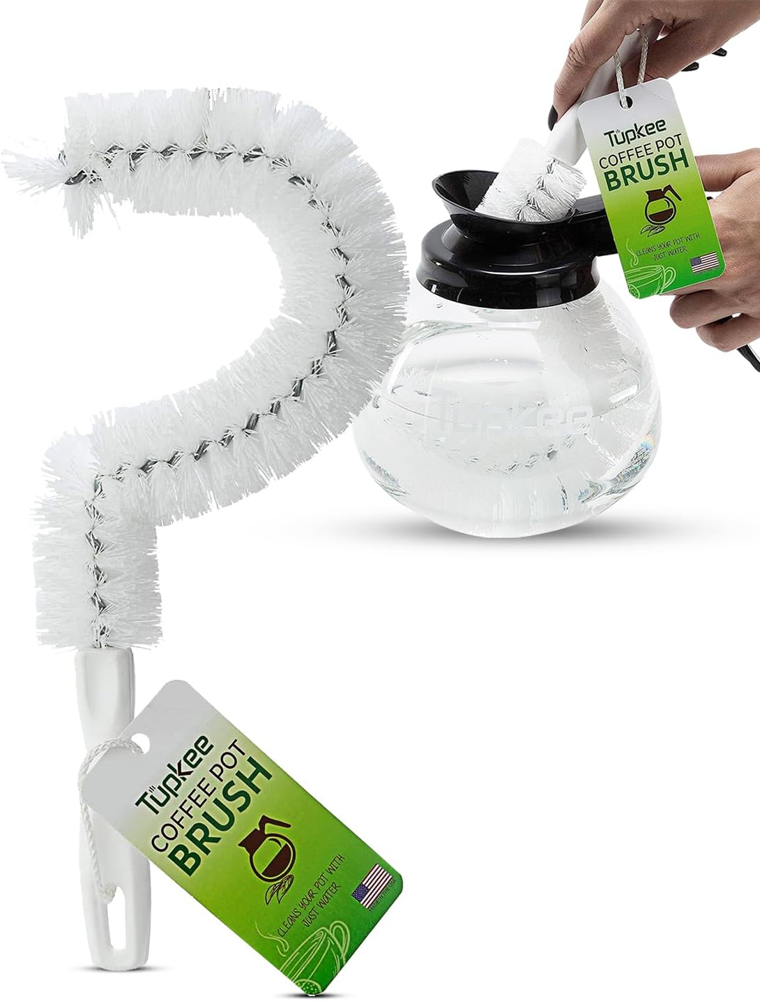 Tupkee Coffee Pot Cleaning Brush – Non Scratching, Long Lasting Bristles, Curved Coffee Decanter Cleaning Brush - Great for Offices and Restaurants