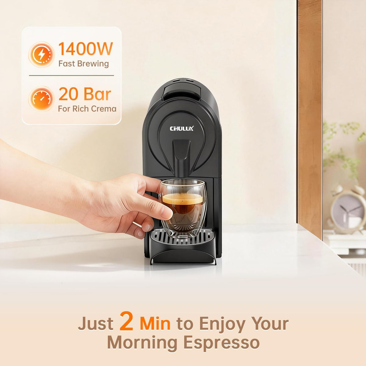 CHULUX Bafè-Pro Single Serve Espresso Machine for Nes Original Pods, Black | 1400W Rapid Heating, Espresso Lungo Buttons, Used Capsule Drawer, Auto-Eject System, 24oz Removable Reservoir, Mini Footprint