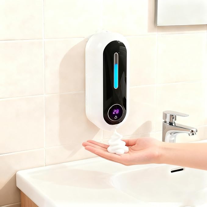 Automatic Soap Dispenser, Smart Wall-Mounted Foam Soap Dispenser with Temperature Display & Long-Last Battery, 450ML Large Capacity, 3 Modes for Kitchen Sink and Bathroom (Blackwhite)