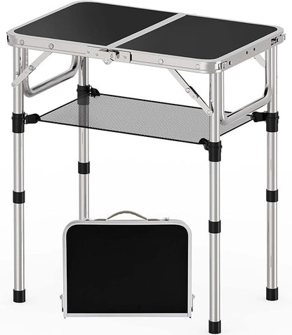 YihuiKo Small Folding Table, Aluminum 24" x 16" Adjustable Height Max 27.5" Folding Camping Table with Carrying Handle, Lightweight, Portable Camp Table for Outdoor Indoor Picnic Beach, Black