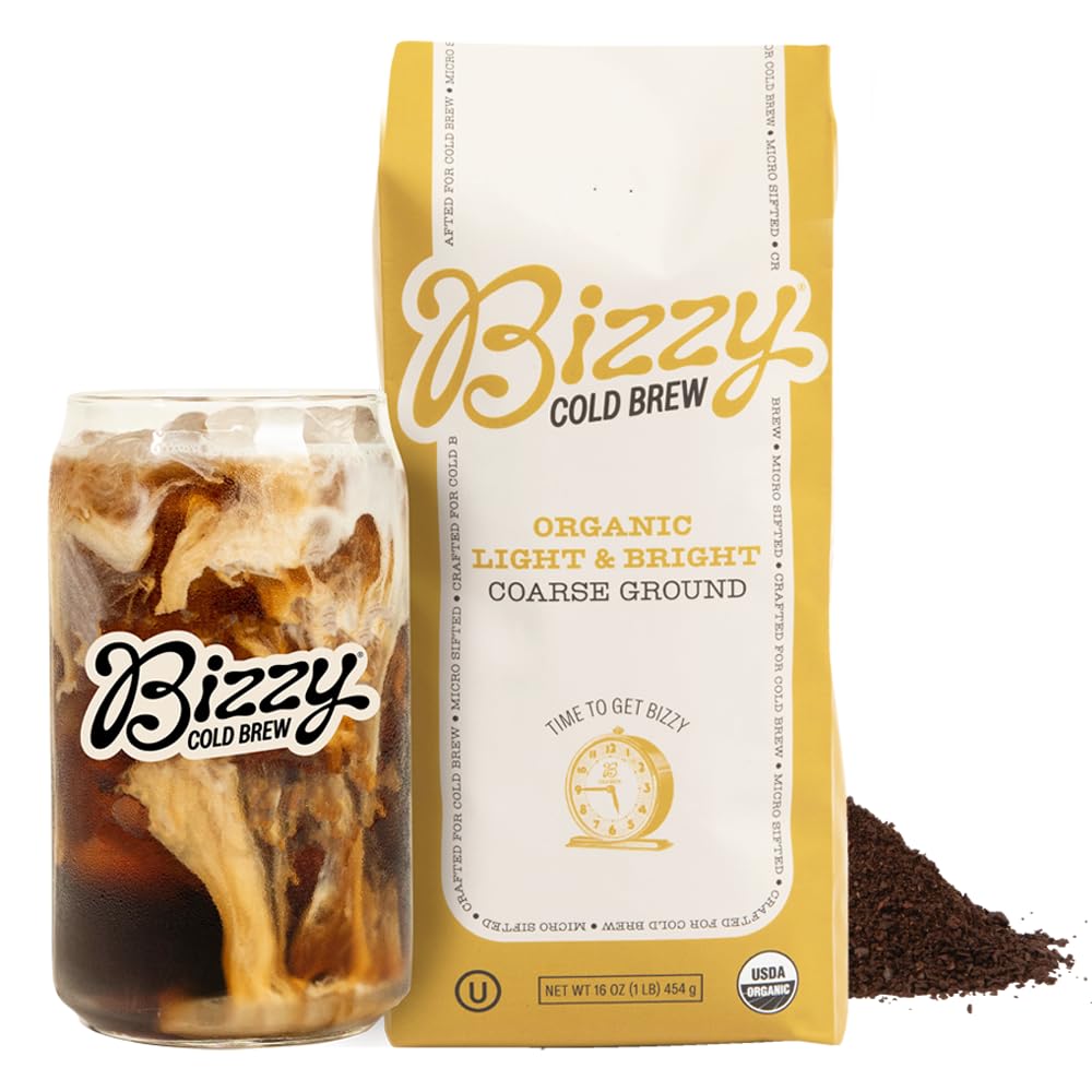 Bizzy Organic Cold Brew Coffee, Light & Bright Blend, Coarse Ground Coffee, Light Roast, Micro Sifted, Specialty Grade, 100% Arabica, 1 LB