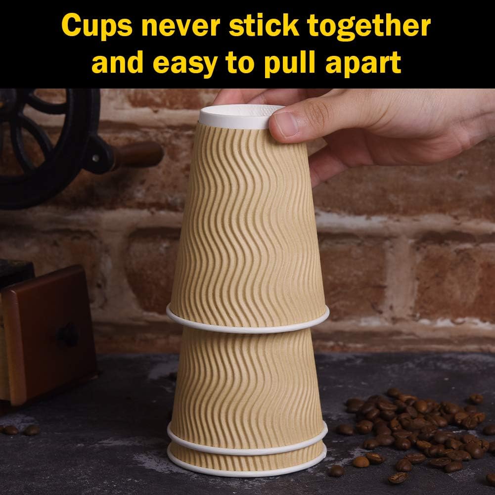 Disposable Paper Coffee Cups with Lids, 100 pack 12 oz Ripple Wall Insulated To Go Coffee Cups for Hot/Cold Beverage