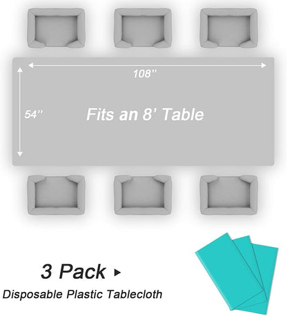 QIKSION Teal Plastic Table Cloth Disposable 3 Pack, 54 x 108 Inch Tablecloths for Easter Party, Summer, Turquoise Rectangle Table Cover