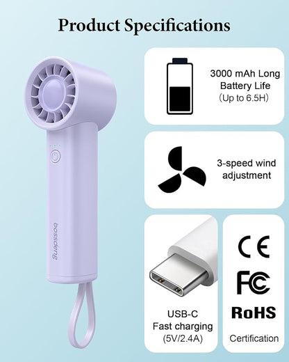 Portable Handheld Fan with Power Bank(High-Speed),3 IN 1 USB Rechargeable Mini Personal Fan with Flashlight,Small Size for Outdoor/Travel/Beach/Concerts/Summer.Gifts for Girl,Women.Purple