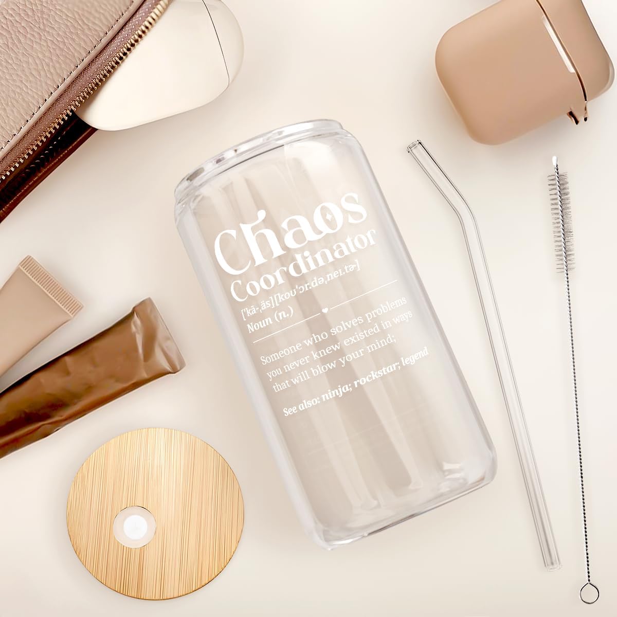 Chaos Coordinator 16oz Can Glass Tumbler with Bamboo Lid & Straw, Iced Coffee Cup for Female Coworker Friends Colleagues