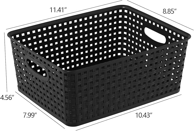 Plastic Weave Storage Basket, Woven Plastic Storage Baskets, Medium Black, 4 Packs