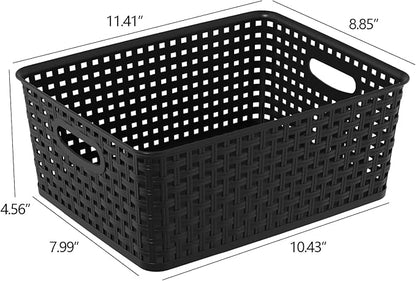 Plastic Weave Storage Basket, Woven Plastic Storage Baskets, Medium Black, 4 Packs