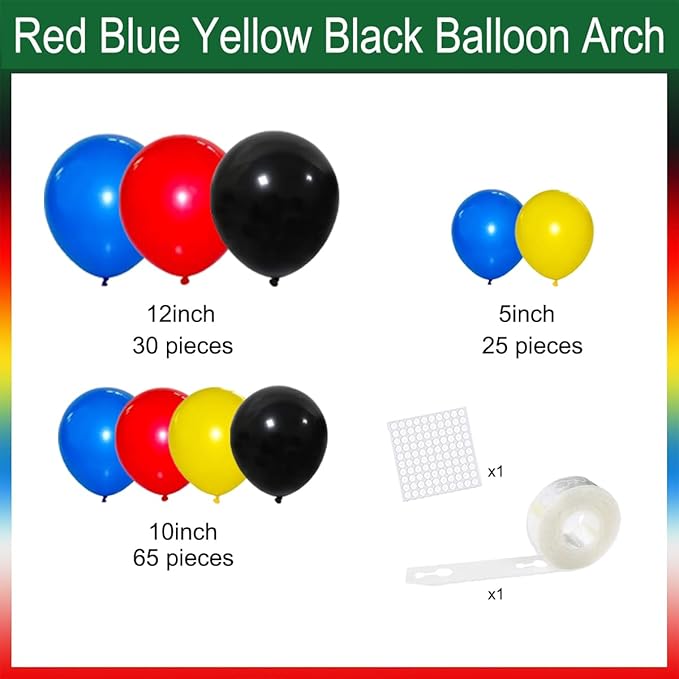 Red Yellow Blue Black Balloon Garland Arch Kit - Red Blue Black Yellow Balloons Spider Hero Birthday Decorations for Super Boy Hero Man Robots Video Game theme Birthday Carnival Circus Party Decors