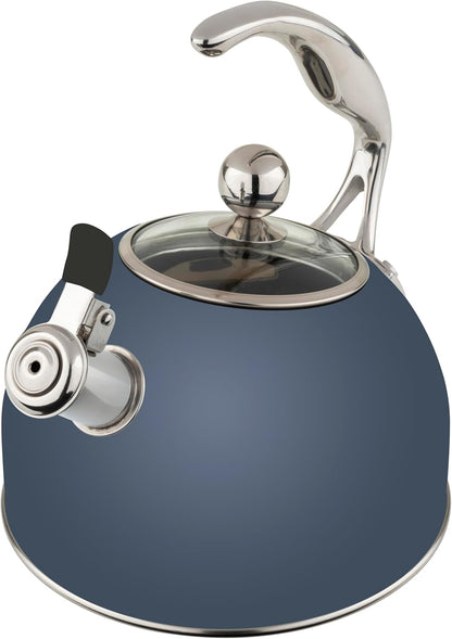 Viking 3-Ply Stainless Steel Tea Kettle, 2.6 Quart Stovetop Hot Water Pot with Tempered Glass Lid, Ergonomic Handle, Induction Ready, Slate and Blue