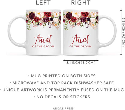Andaz Press 11oz. Wedding Ceramic Coffee Tea Mug Gift, Fall Autumn Marsala Burgundy Flowers Roses Florals, Aunt of the Groom, 1-Pack, Includes Gift Box