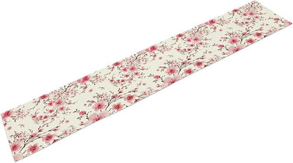 Cherry Flower Table Runner, Seasonal Spring Cherry Blossoms Branches Watercolor Floral Print Table Cover for Kitchen Dining Table Indoor Outdoor Party Decor, 13x36inch