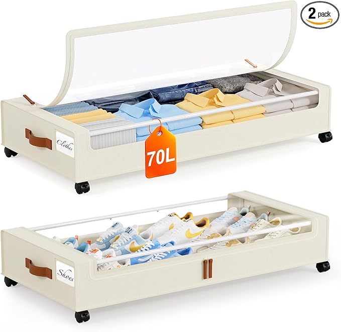 Yecaye Under Bed Storage with Wheels 2Pack, 70L Larger Capacity Under Bed Storage Containers, Underbed Shoe Storage Organizer, Rolling Under Bed Metal Drawers for Clothes, Blankets(35.5 x 17 x 6.7in)