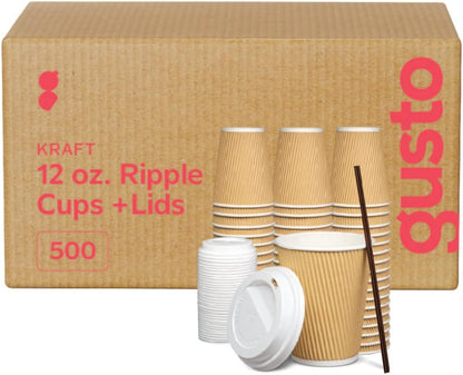 Gusto [12 oz. - 500 Count Insulated Kraft Ripple Paper Hot Cups, Disposable Coffee Cups With Lids - Ideal for Hot Beverages, Travel