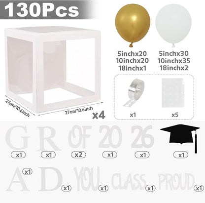 Graduation Decorations 2026,4 Pcs Transparent Balloon Boxes with Letters of GRAD,PROUD OF YOU,Class of 2026 and 130pcs White Gold Balloons Arch for High School College 2026 Grad Party Supplies