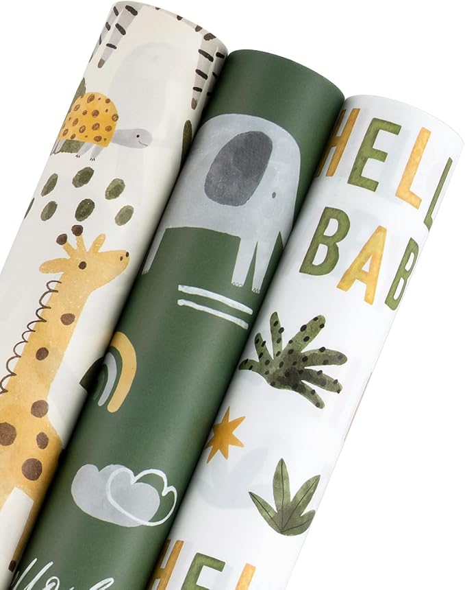 WRAPAHOLIC Kraft Baby Shower Wrapping Paper - Mini Roll - 3 Rolls - 17 Inch x 120 Inch - Jungle Animal Wrapping Ppaer for Neutral Baby Shower, Kids Boys Girls Birthday