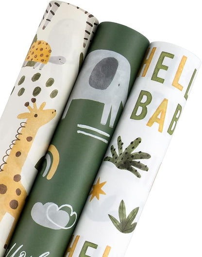 WRAPAHOLIC Kraft Baby Shower Wrapping Paper - Mini Roll - 3 Rolls - 17 Inch x 120 Inch - Jungle Animal Wrapping Ppaer for Neutral Baby Shower, Kids Boys Girls Birthday