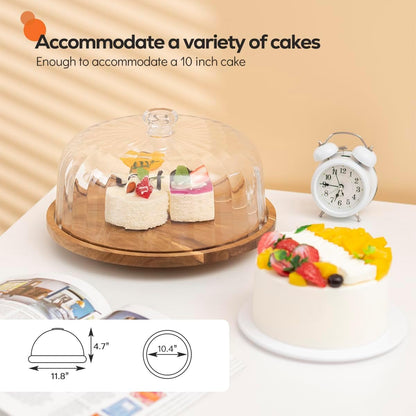 cutesun acacia wood cake stand with lid, 11.8'' Rotating Cake Stand with Dome, Shaterproof 10.4'' Acrylic Cake Display Cover, Cake Holder Tray for Wedding Gift，Kitchen,Birthday,Parties,Baking Gifts
