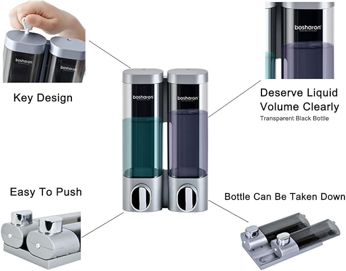 Soap Dispenser Shampoo Shower Dispenser Wall Mount 300mlx2 for Bathroom Hotel (Silver Grey)