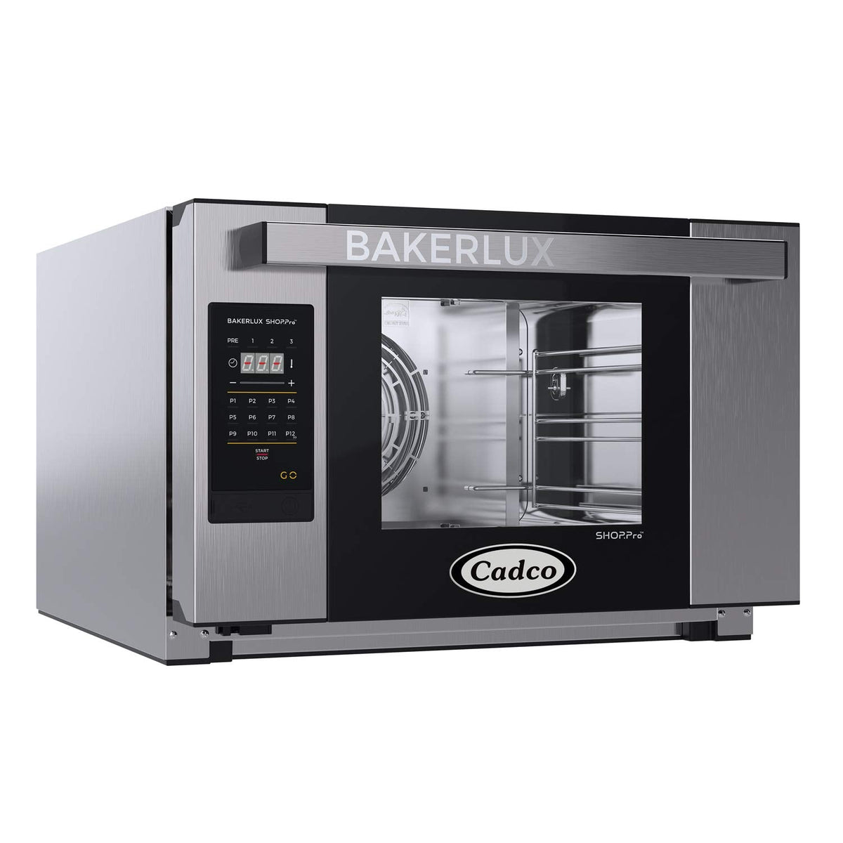 Cadco XAFT-03HS-GD 23-5/8" Bakerlux GO Half-Size Heavy-Duty Countertop Digital Convection Oven for Restaurant Hotel Food Truck Concession Kiosk, 3 Shelves, Stainless Steel, 120V, NSF