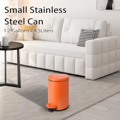 TIPGO Small Trash Can with Lid Soft Close, 4.5 Liters / 1.2 Gallon Bathroom Garbage Can, Mini Step Trash Bin, Stainless Steel Wastebasket for Bathroom, Bedroom, Office (Orange)