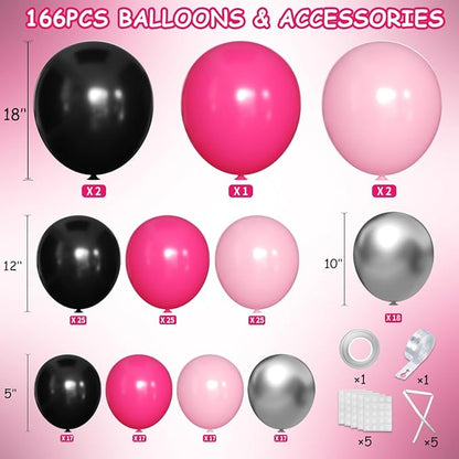 MEBAY Hot Pink Black Silver Balloon Garland Arch Kit, 166Pcs Red Black Pink Silver Balloons for Birthday Graduation Baby Shower Wedding Anniversary Bachelorette Party Decorations
