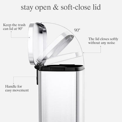 AthLike Trash Can, Stainless Steel Kitchen Garbage Can, Step Waste Bin with Hinged Lid and Removable Inner Bucket, Soft-Close, Dustbin for Bathroom Bedroom Living Room Home (Silver, 8 Gal)